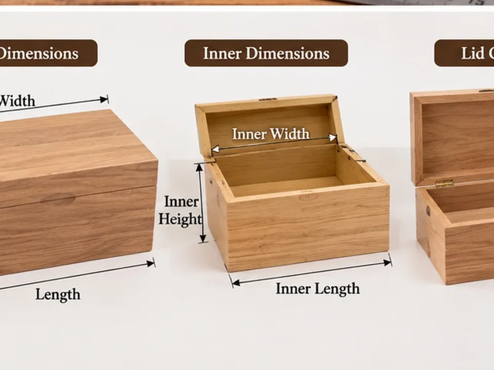 Diagram showing wooden-box exterior, interior and lid-clearance dimensions