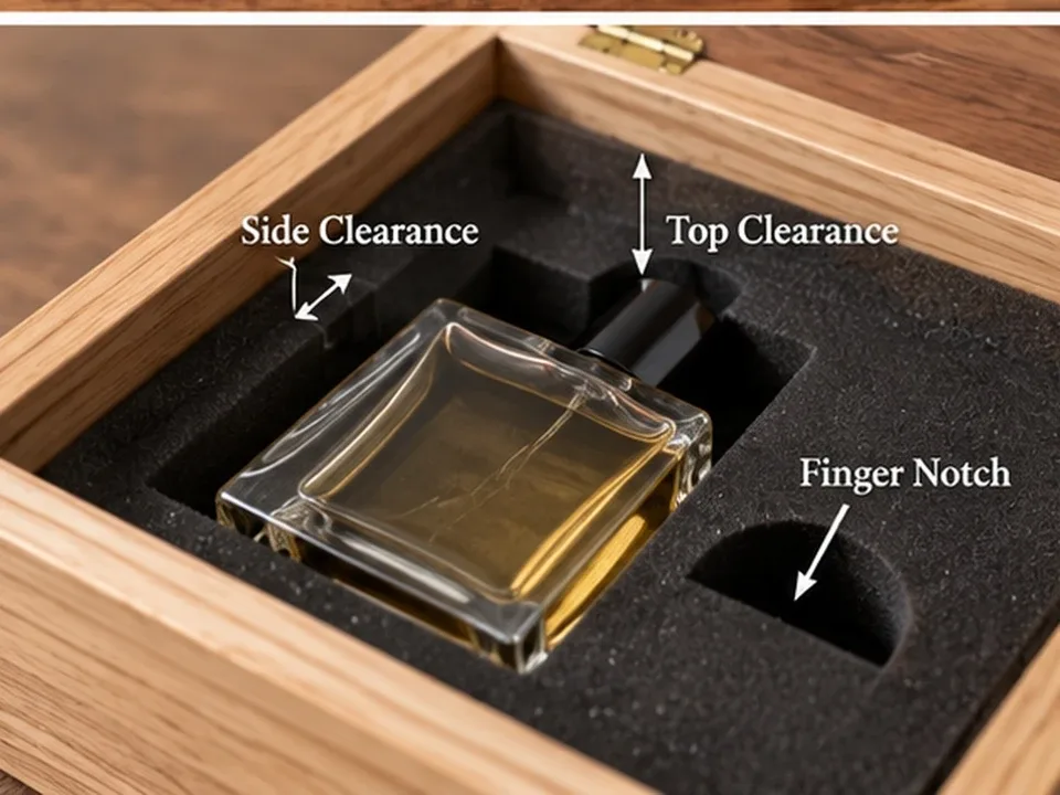Wooden-box insert with side clearance, top clearance and a finger notch