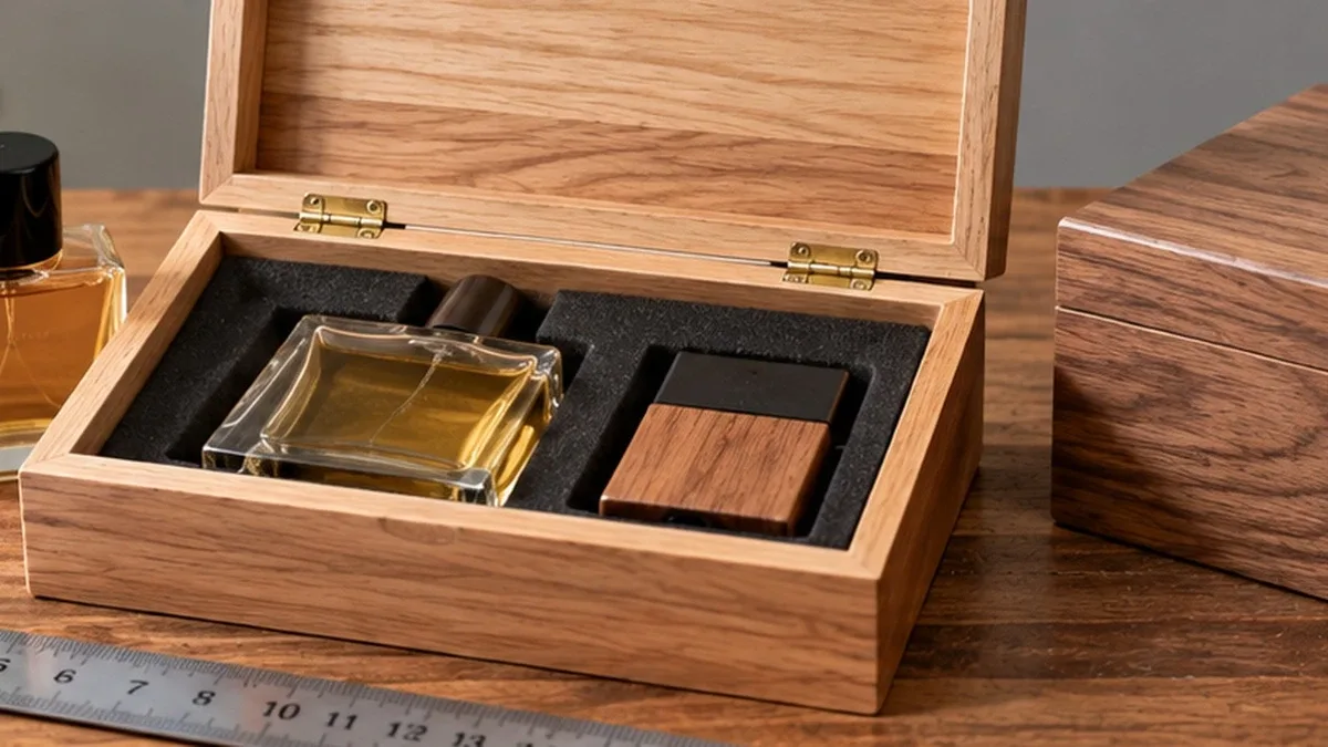 Wooden box and fitted contents beside measuring tools