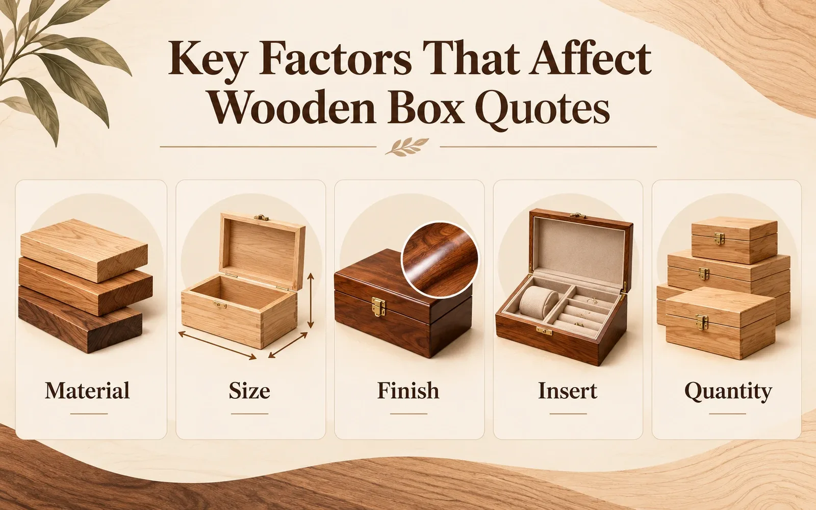 Wooden box quote factors: material, size, finish, insert and quantity