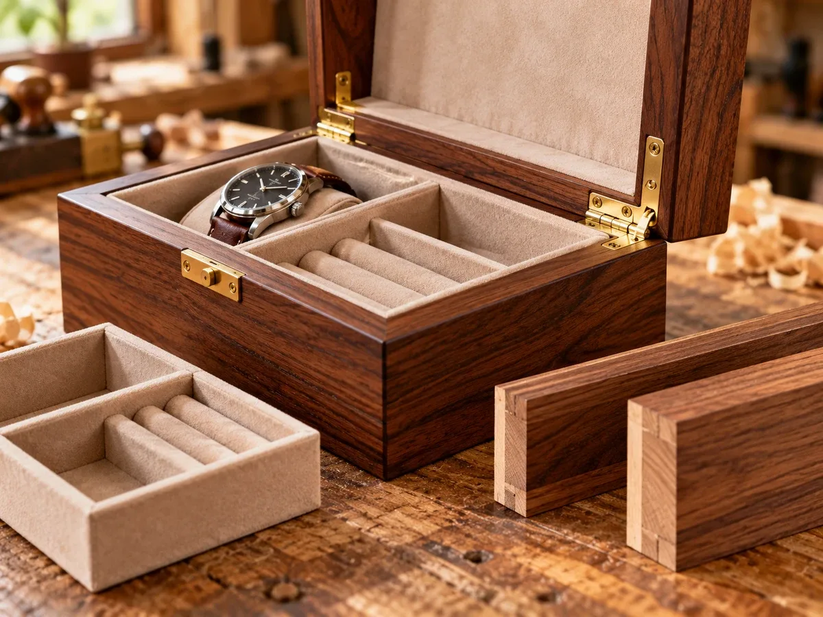 Wooden box hinges, compartment inserts and lid construction
