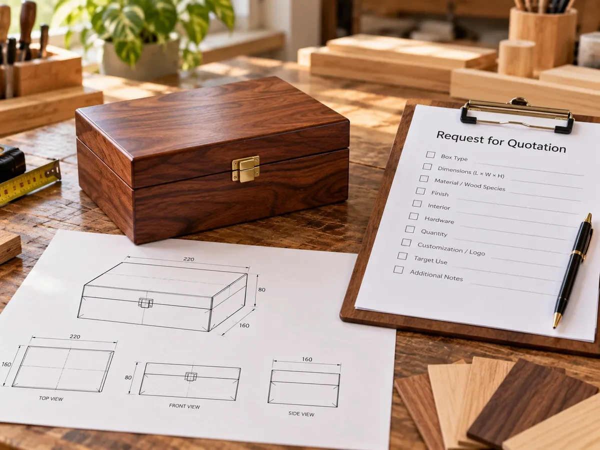 Wooden box samples beside dimension drawings and an RFQ checklist