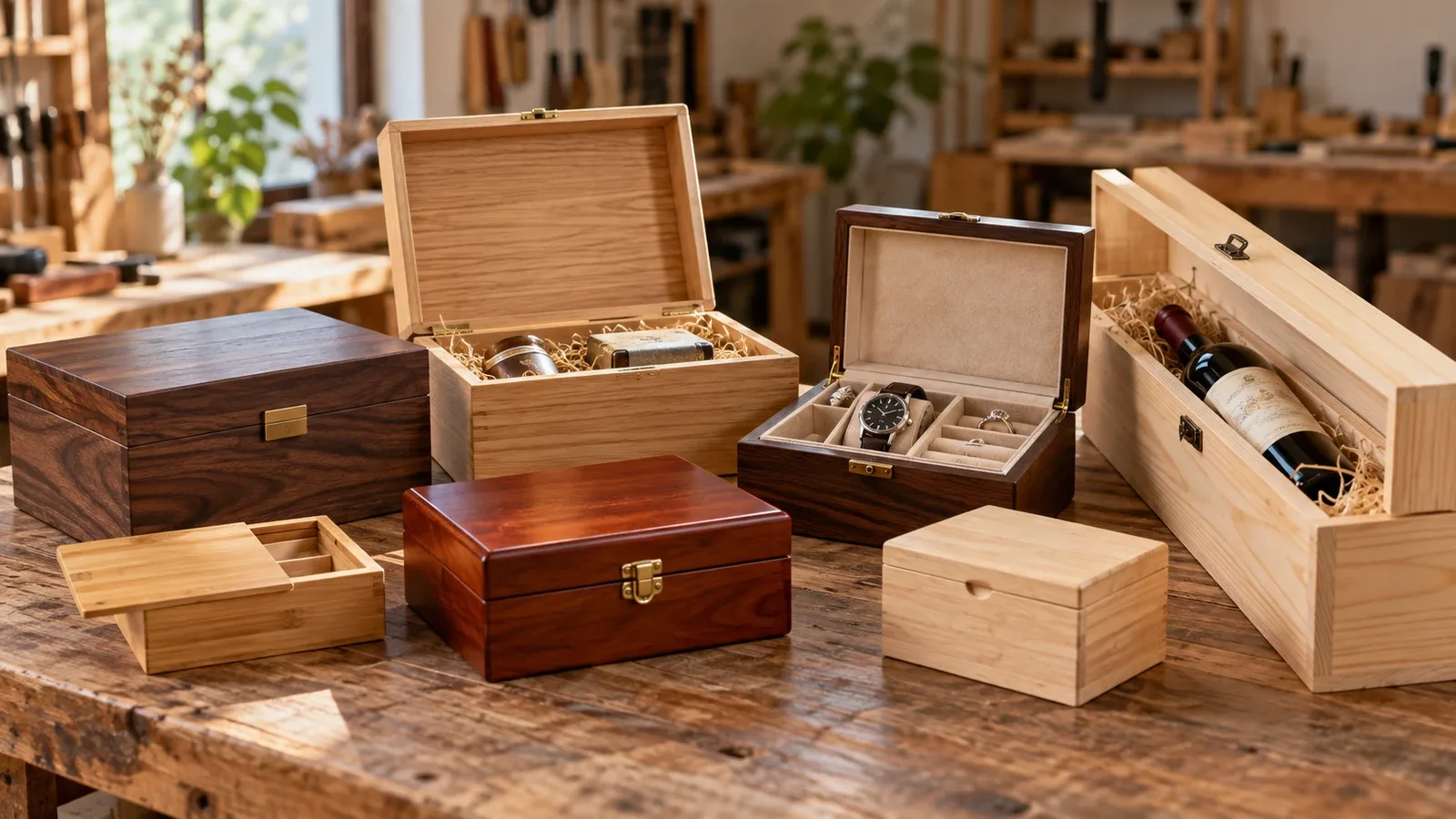 Wooden boxes with different sizes, lid styles and finishes