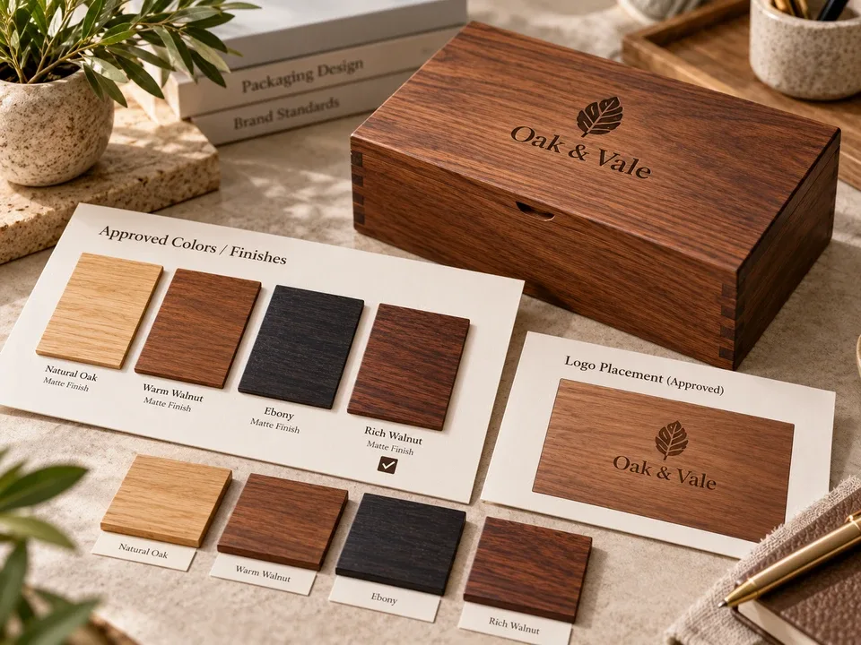 Wooden box beside color swatches and logo-position references