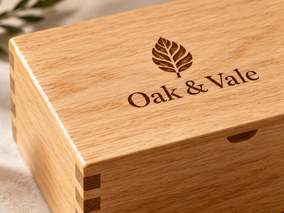 Close-up of a logo and visible wood grain on a wooden box