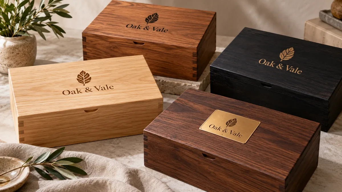 Wooden gift boxes with contrasting logo and finish treatments