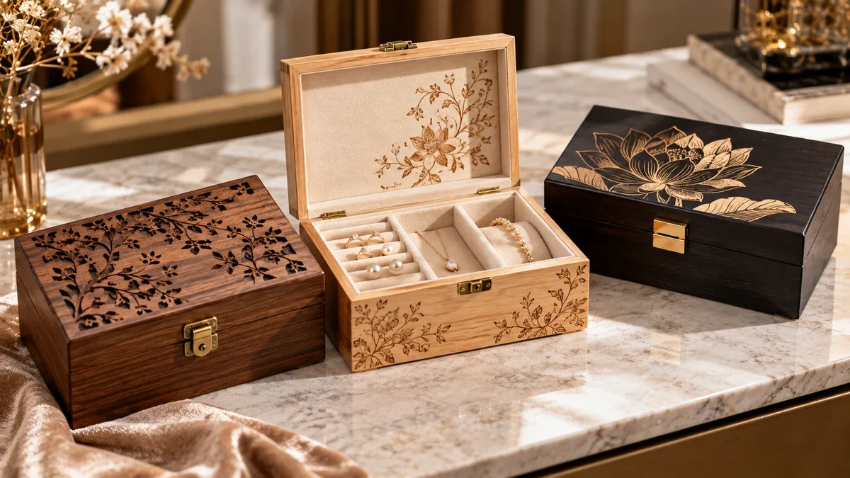 Decorated wooden boxes showing surface branding separate from outline cutting