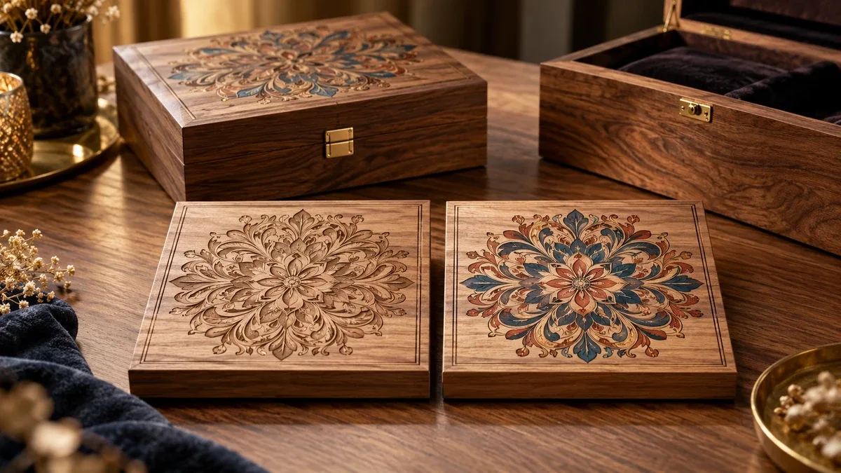 Wooden panels with engraved patterns and colored surface decoration