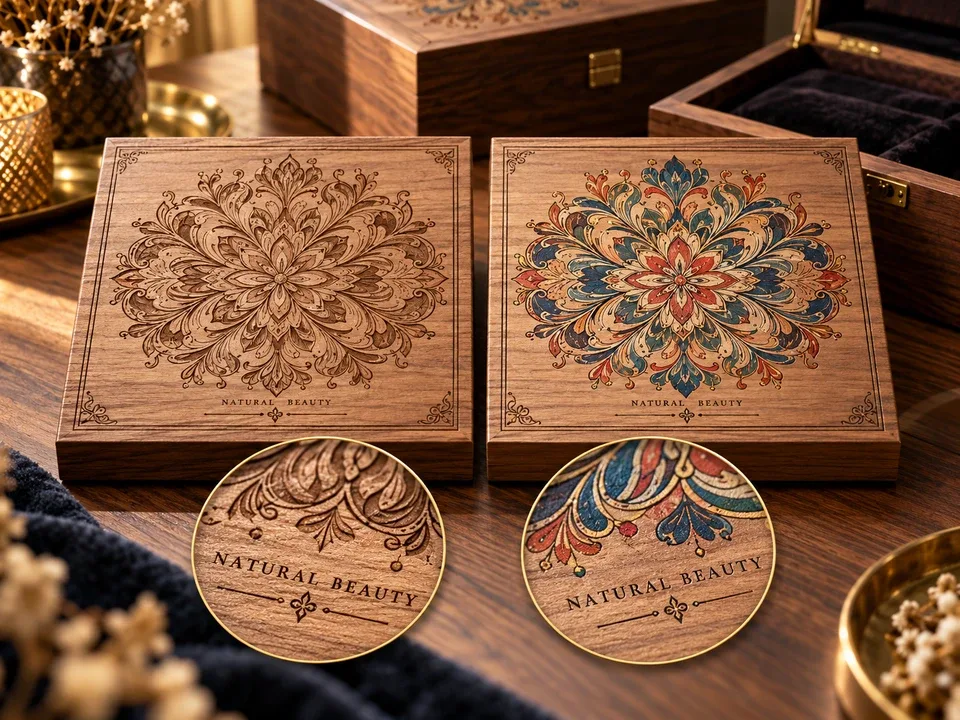 Small text and fine-line decoration on wooden sample panels