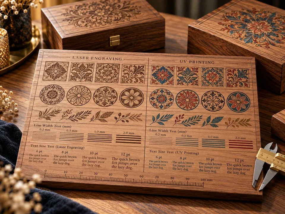 Wood decoration sample board with different patterns and text sizes