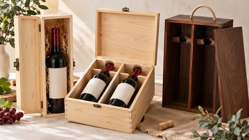 Wooden wine boxes with different appearances and construction styles