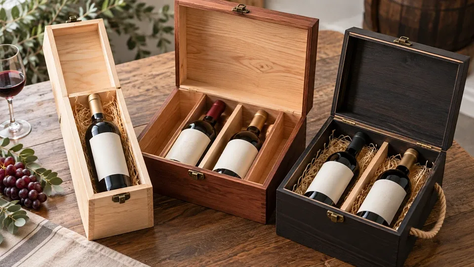 Wooden wine boxes with contrasting surface finishes