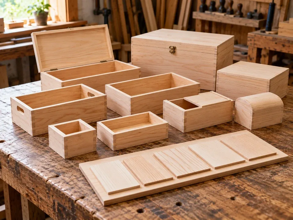A group of unfinished wooden boxes and component panels