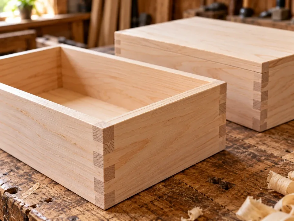 Unfinished wooden box corner joints and visible wood grain