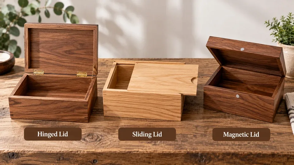 Wooden boxes with hinged, sliding and magnetic lids