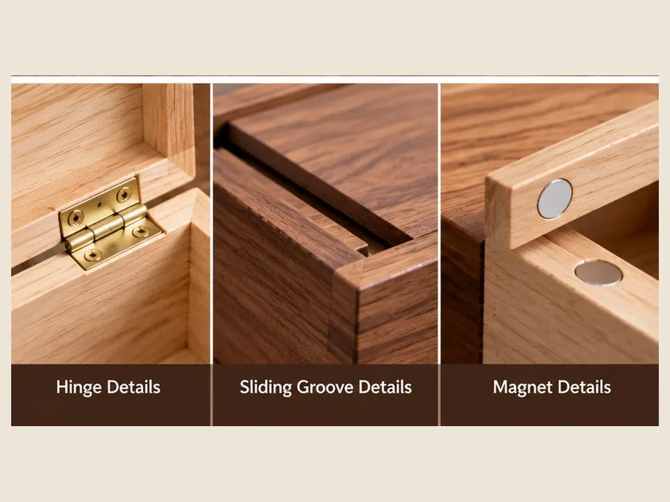 Wooden-box hinge, sliding groove and magnetic-closure details