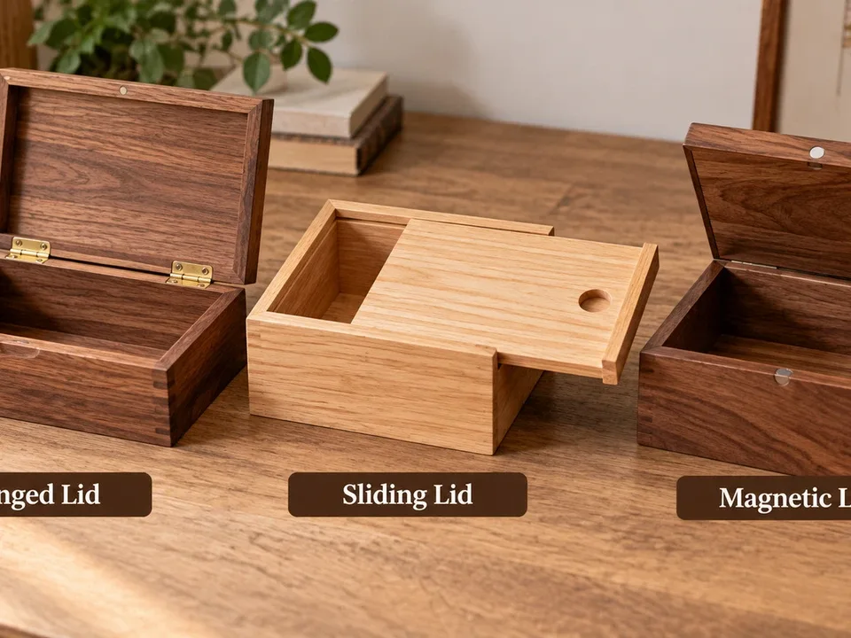 Wooden-box lid designs shown in open positions