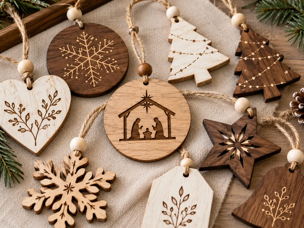 Christmas ornament hanging cords, holes and engraved details