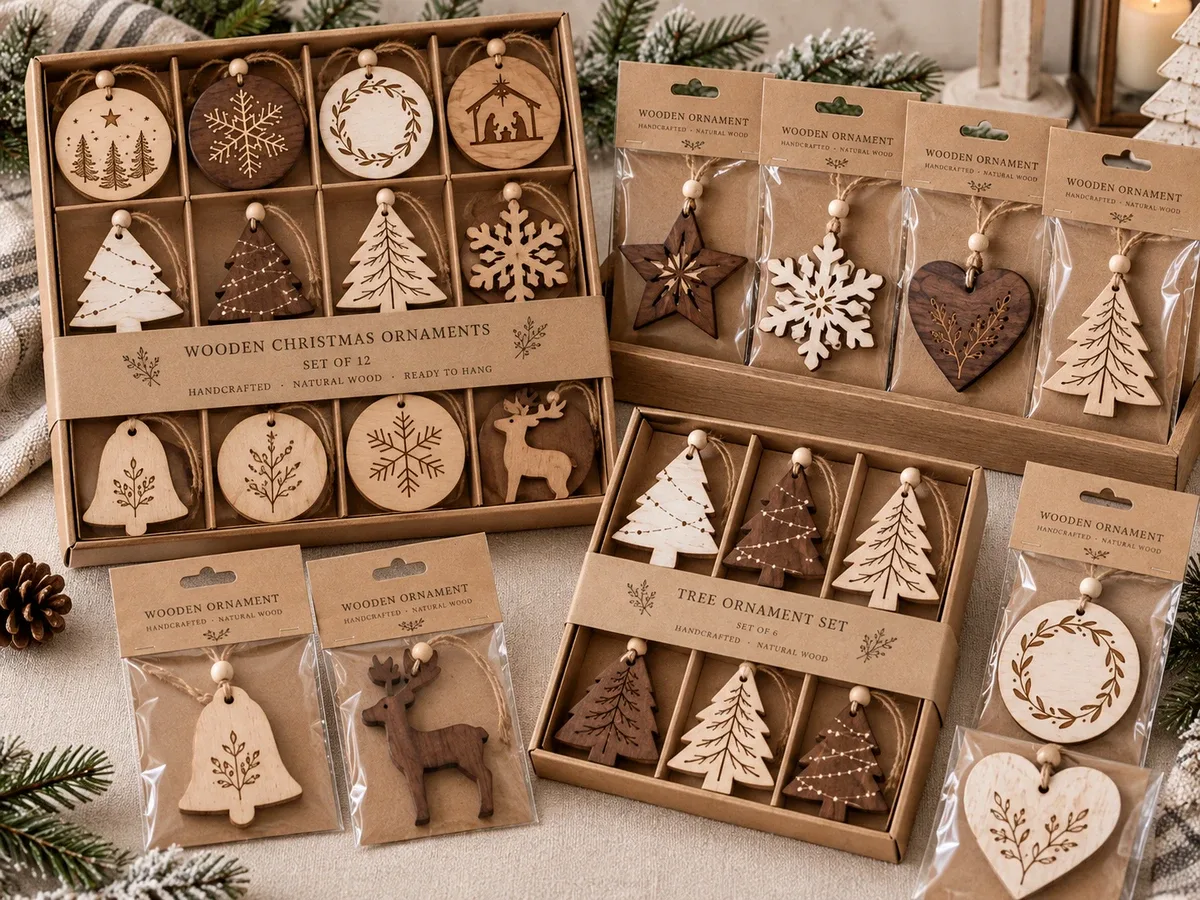 Wooden Christmas ornaments grouped on backing cards and in retail packs