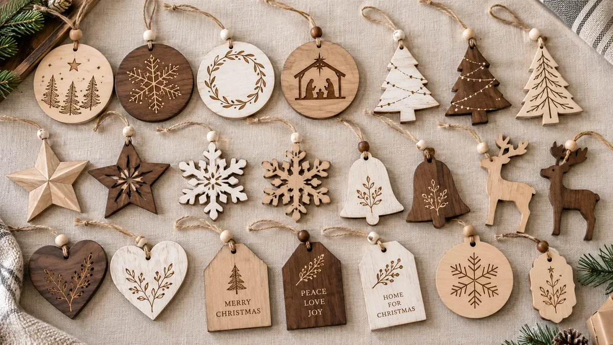 Wooden Christmas ornament collection with trees, stars and hanging designs