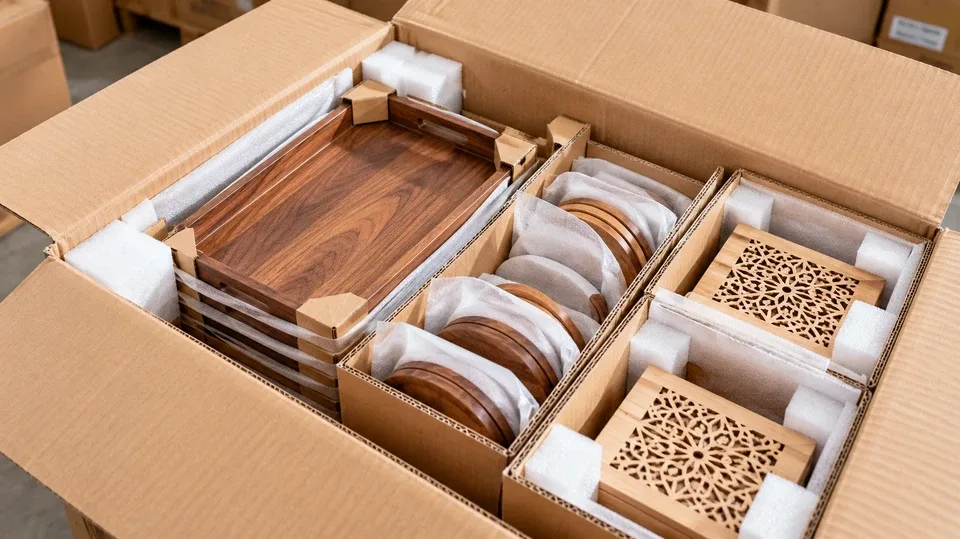 Corner supports and dividers separating wooden products in a carton