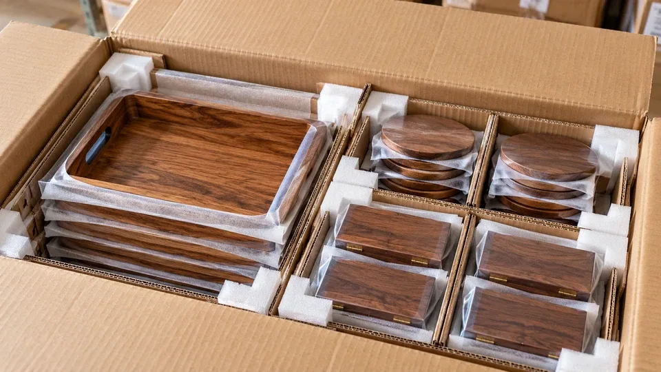 Individually protected wooden products arranged inside a shipping carton