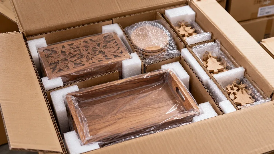 Wooden trays and ornaments packed with dividers and surface protection