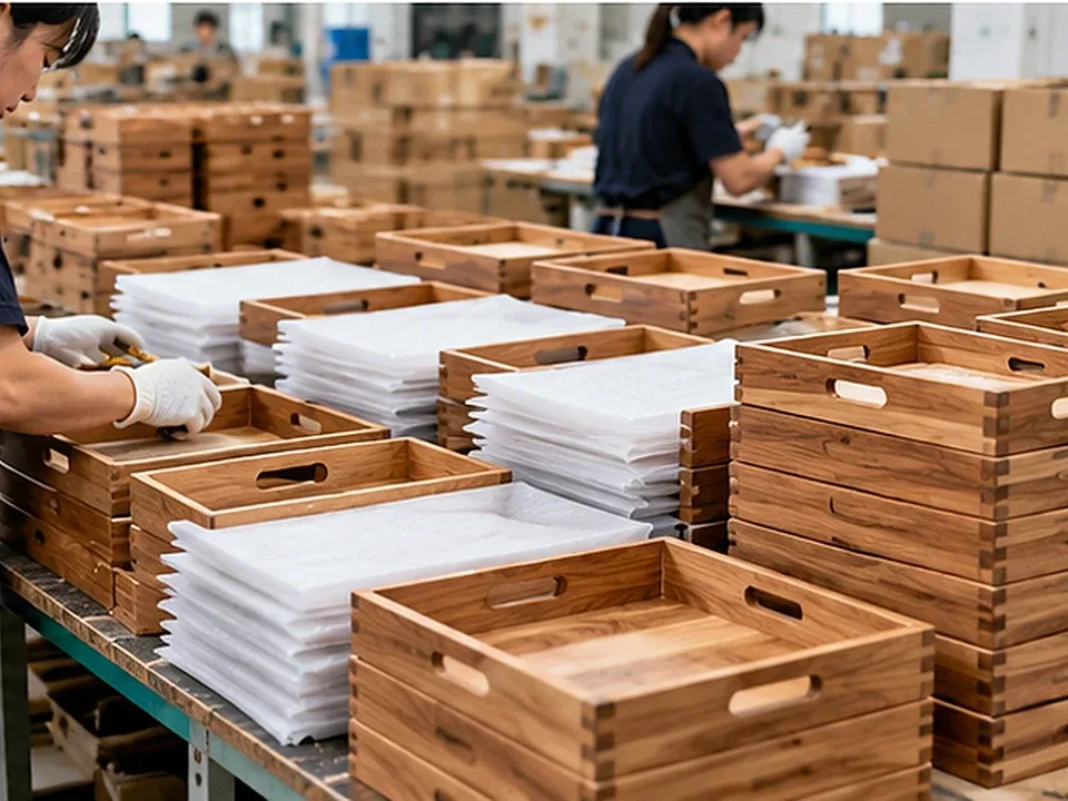 Wooden products arranged as a production and packing batch