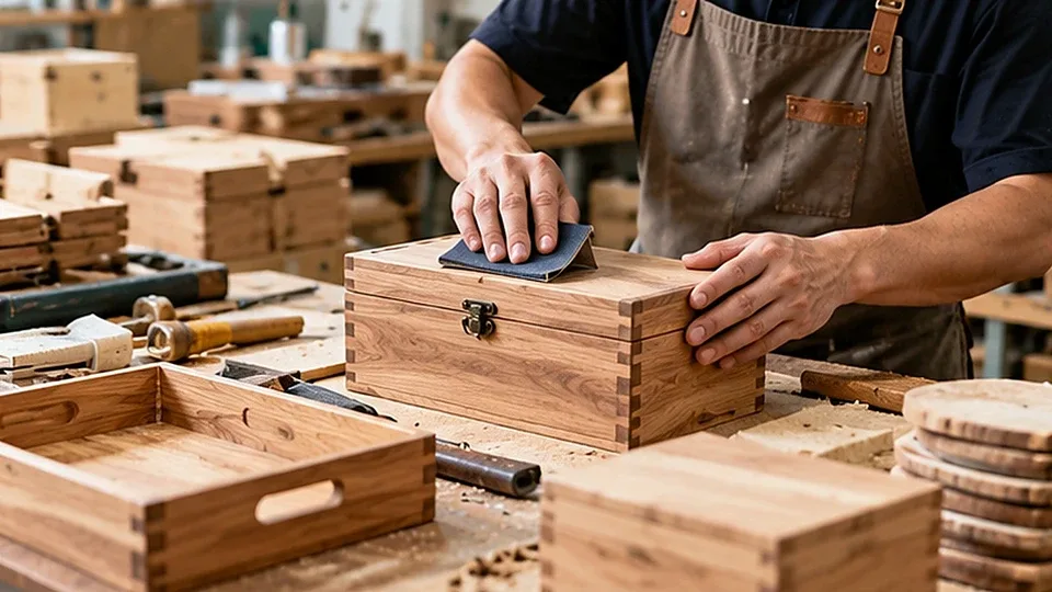 Wooden box at a sample-finishing workstation
