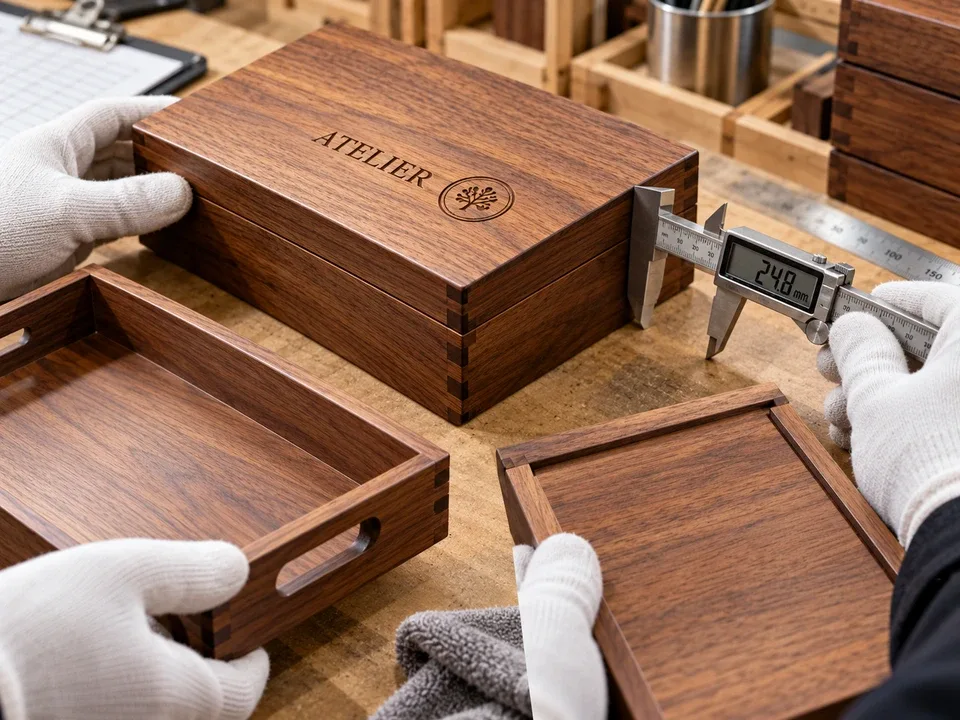 Caliper measurements and joint checks on wooden boxes and trays