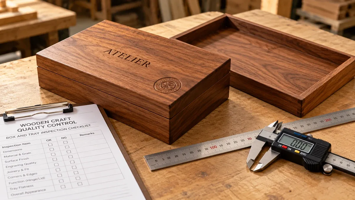 Wooden box and tray beside measuring tools and an inspection checklist
