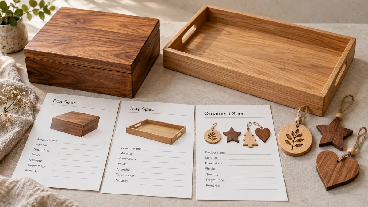 Wooden box, tray and ornament references beside RFQ sheets