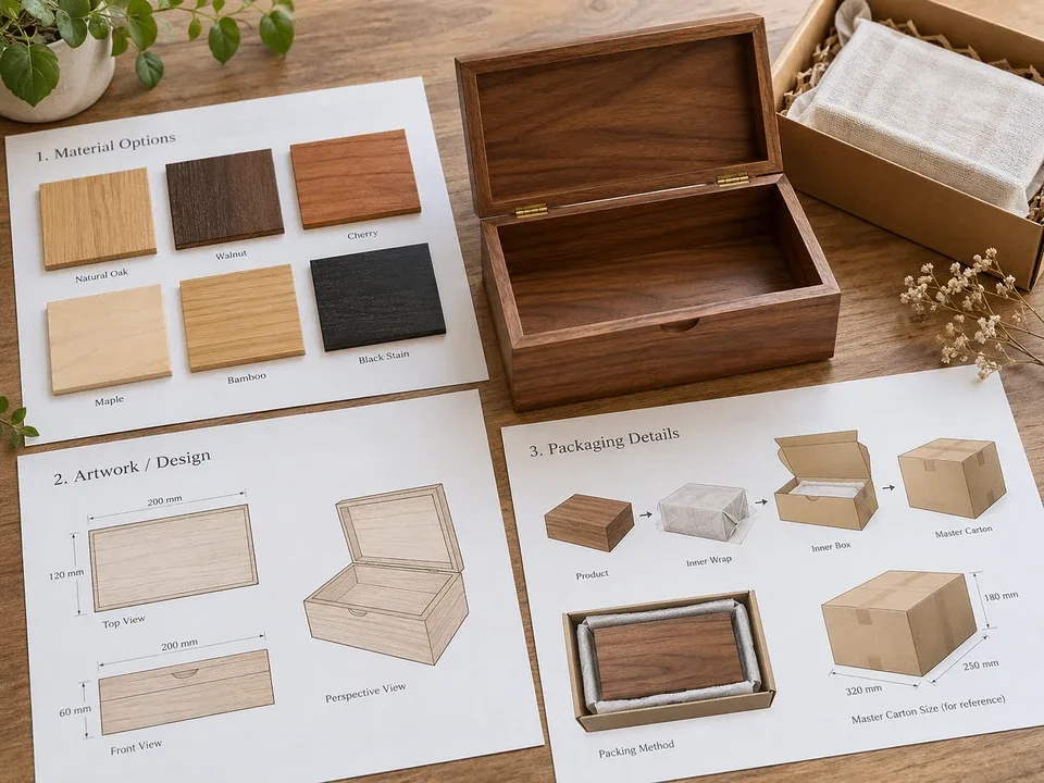 Wooden-box drawings showing exterior and interior dimensions