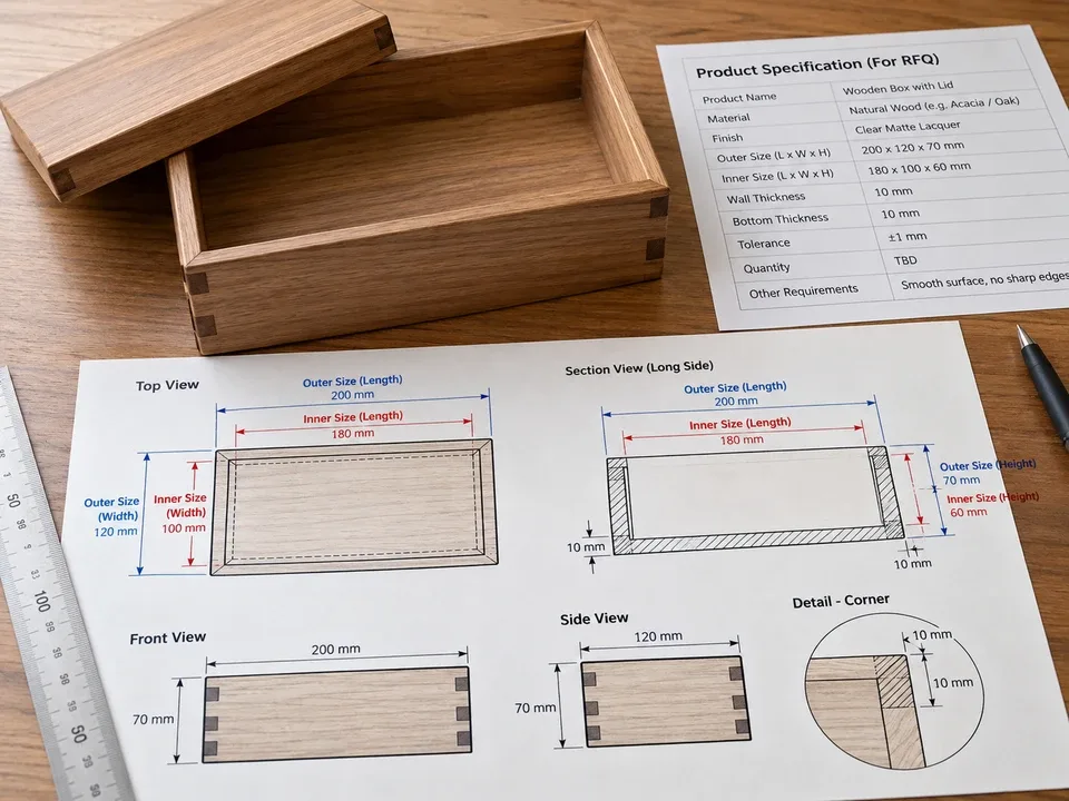 Wooden-product drawings, material samples and an RFQ checklist