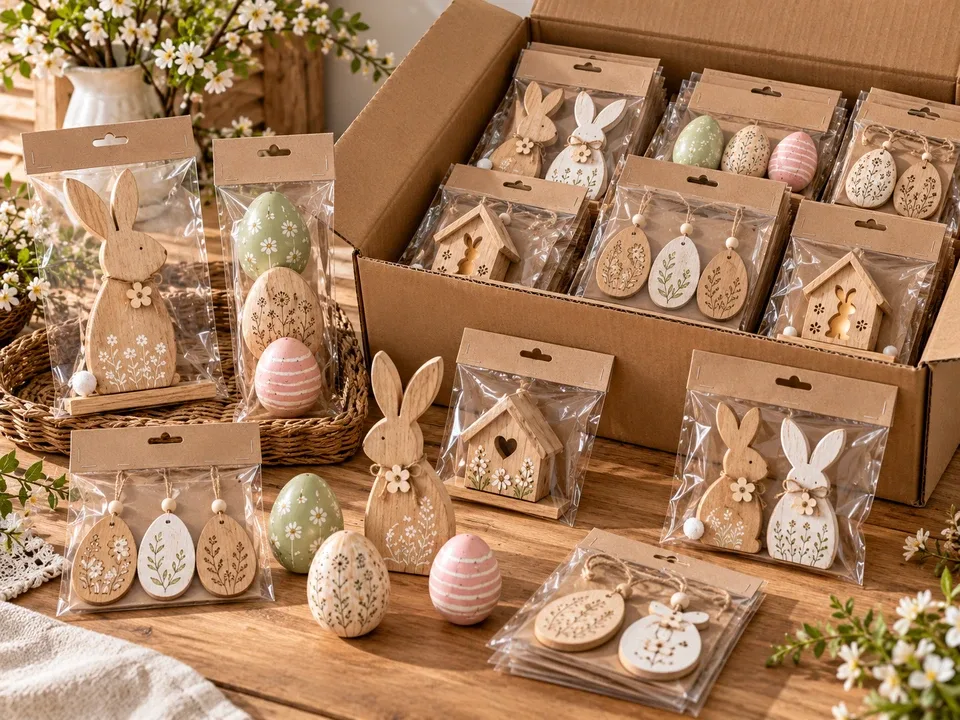 Wooden Easter decorations arranged with retail packs