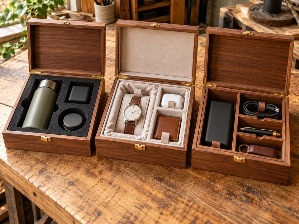 Gift items positioned in fitted wooden box inserts