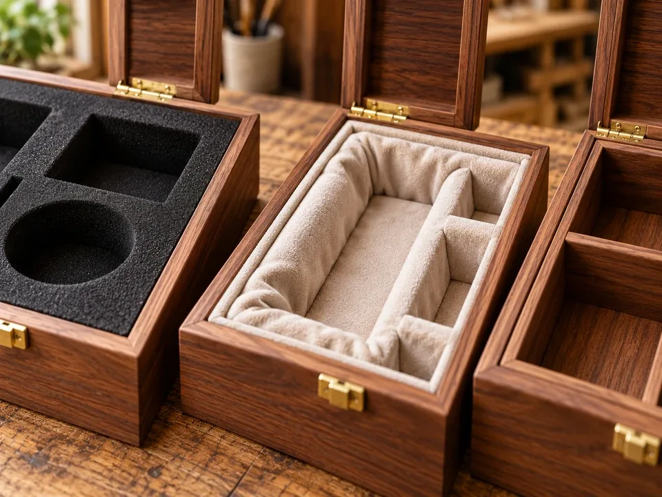 Close-up of foam and fabric inserts inside wooden boxes