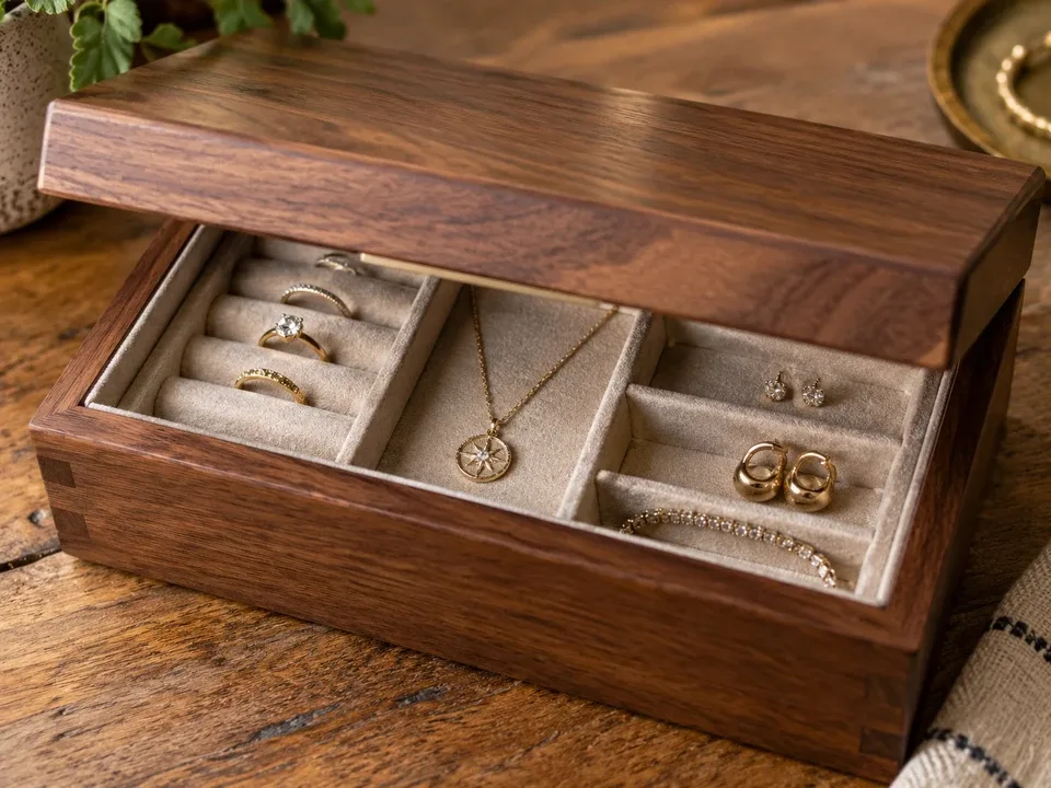 Jewelry arranged inside a compartmented wooden box