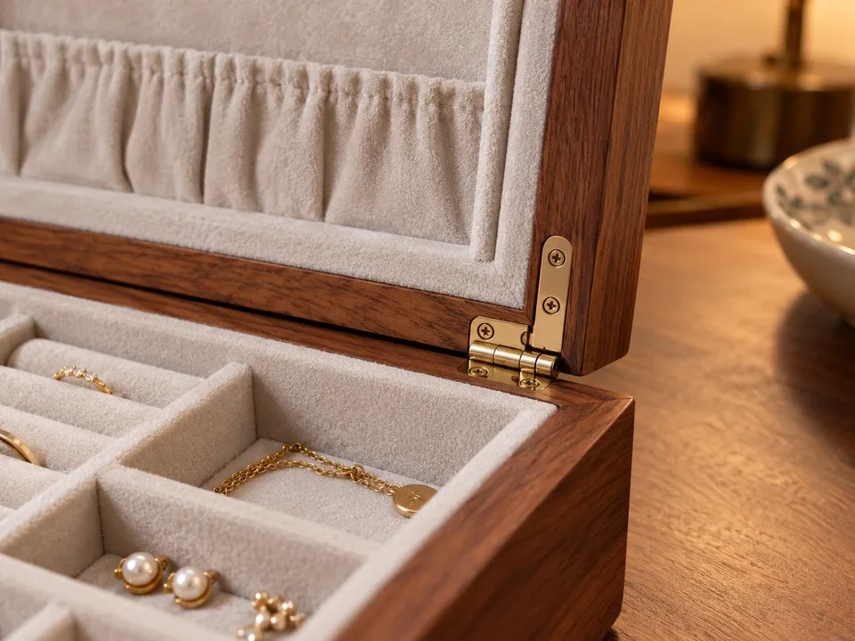 Jewelry box lining, compartments and hinge area