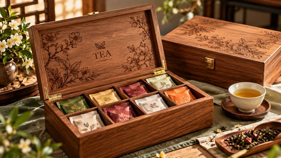 Wooden tea-box compartments, dividers and lid clearance
