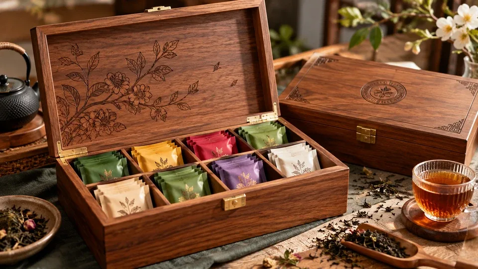 Tea packets arranged in a lined and divided wooden box