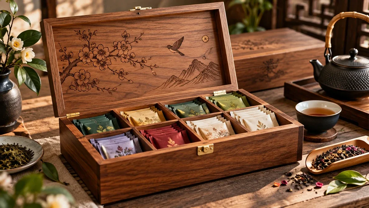 Open wooden tea box with divided compartments and tea packets