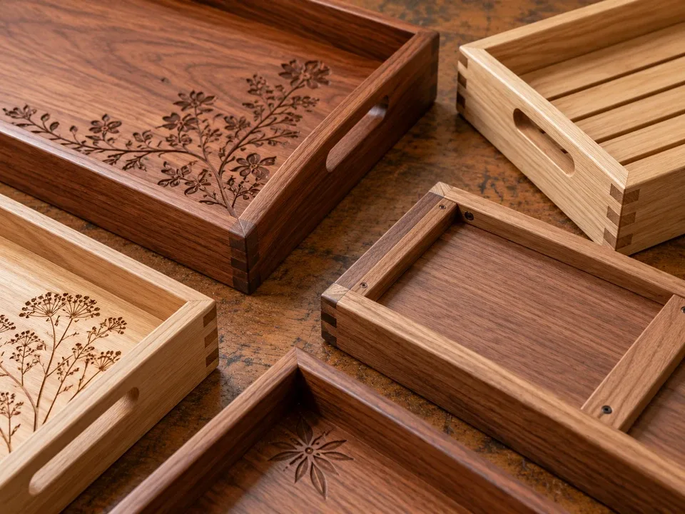 Wooden tray bases, sides and corner connections