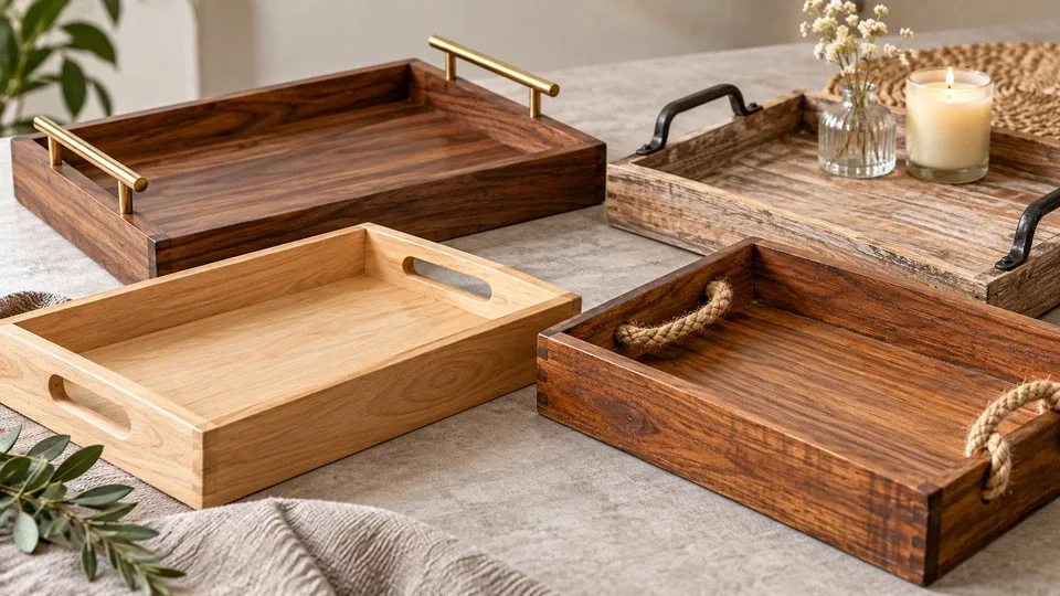 Wooden trays arranged with different handle and carrying-space options