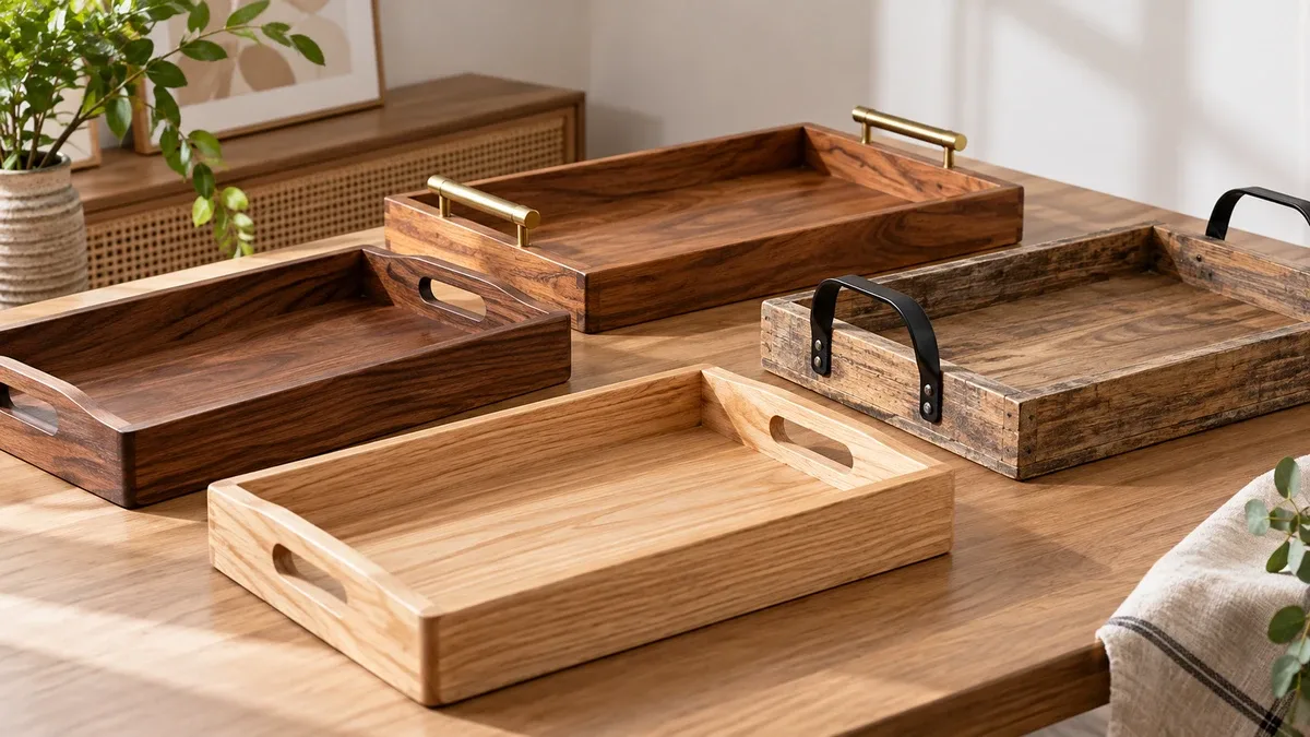 Wooden trays with cutout, metal and rope-style handles