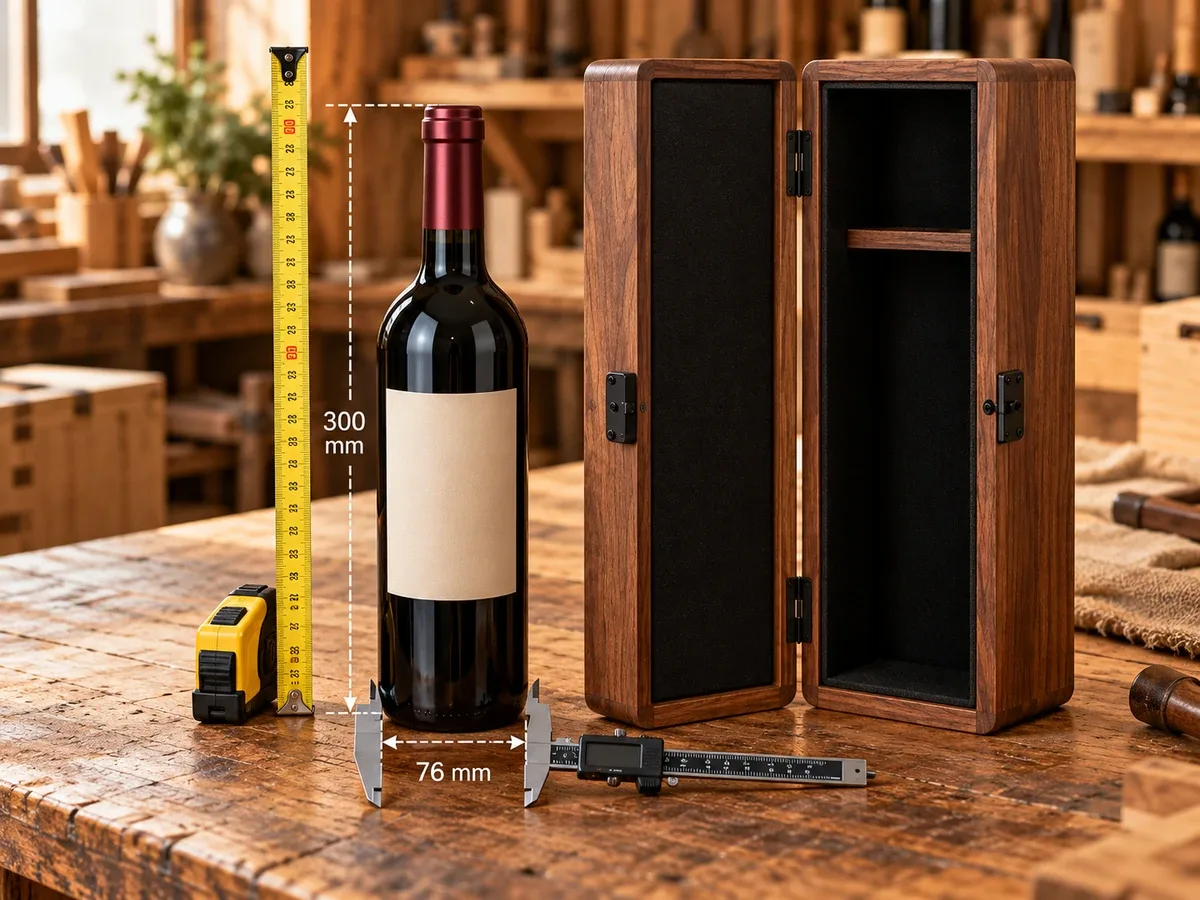 Wine bottle height and diameter shown beside a wooden box