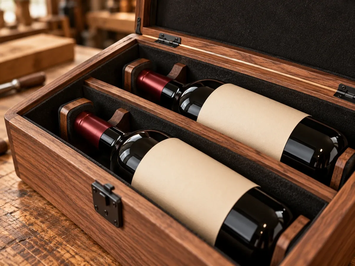 Bottle supports and dividers inside a wooden wine box