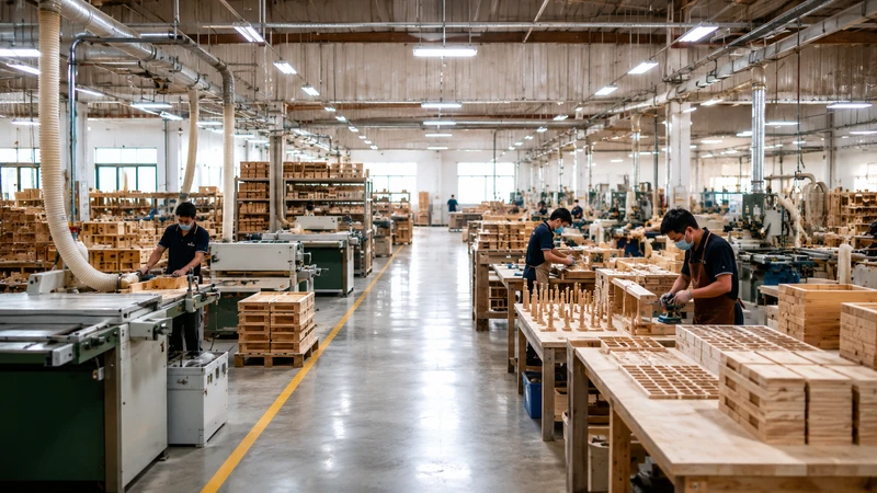 Heze Yasheng wooden craft factory production floor with CNC machines and skilled workers