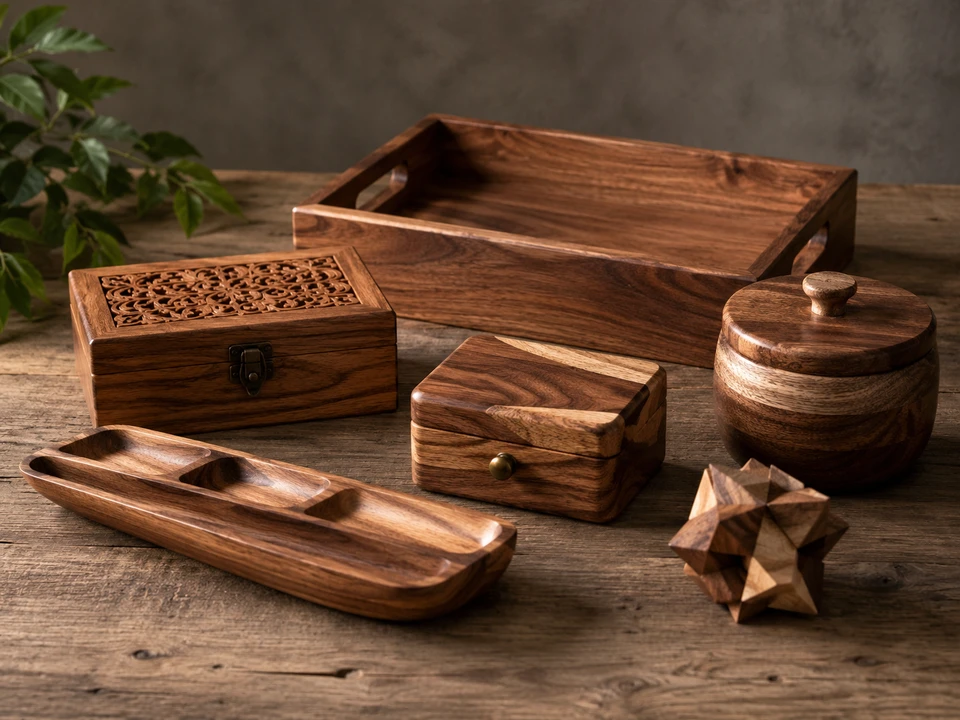 Custom wooden crafts showcase — handmade wooden boxes, trays, and ornaments manufactured by Heze Yasheng Arts And Crafts