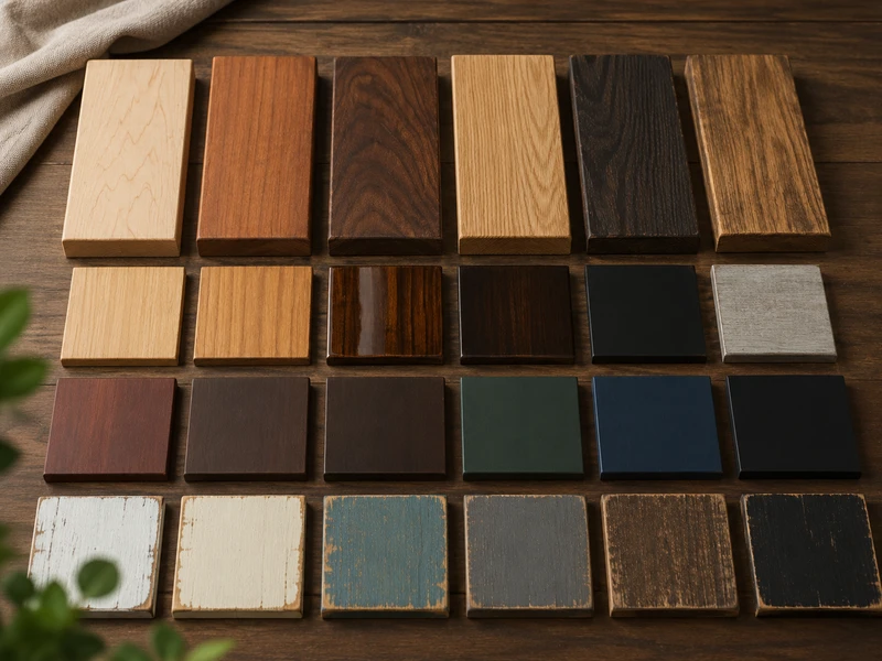 Wood finishing technique samples — natural, stained, painted, and distressed finishes on pine, beech, and birch wood